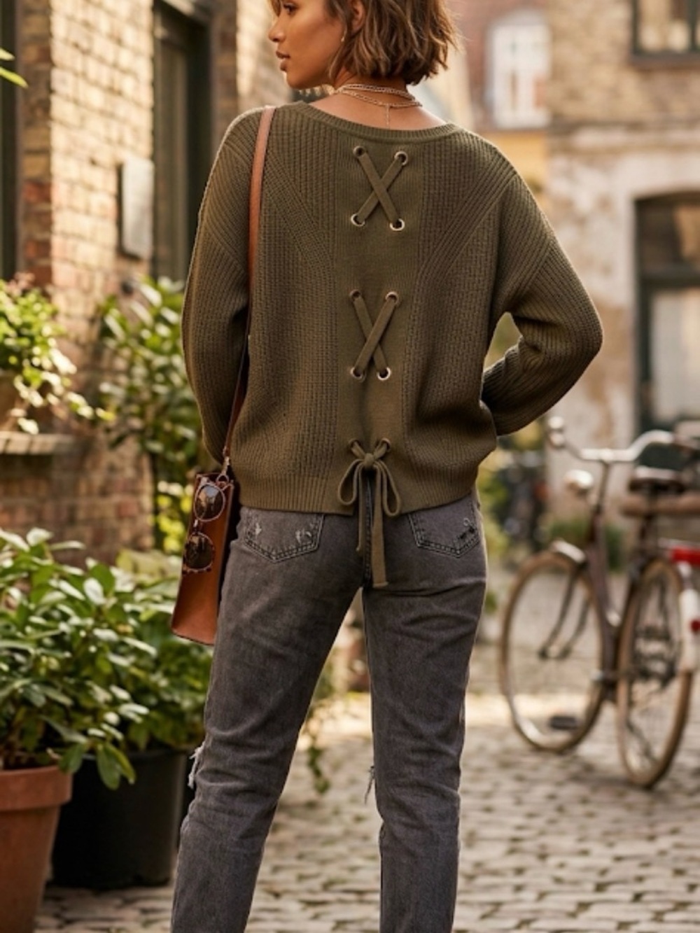 Olive Green Lace Up Back 100% Cotton Sweater – Relaxed Fit